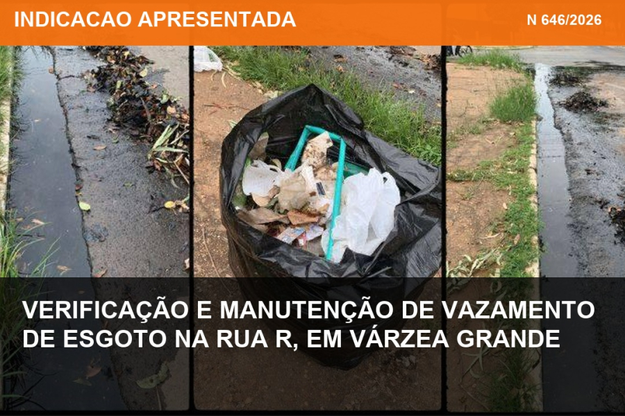 Indicação nº 646/2026 - Verificação e manutenção de vazamento de esgoto na Rua R, em Várzea Grande