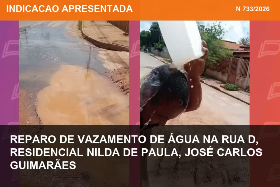 Indicação nº 733/2026 - Reparo de vazamento de água na Rua D, Residencial Nilda de Paula, José Carlos Guimarães